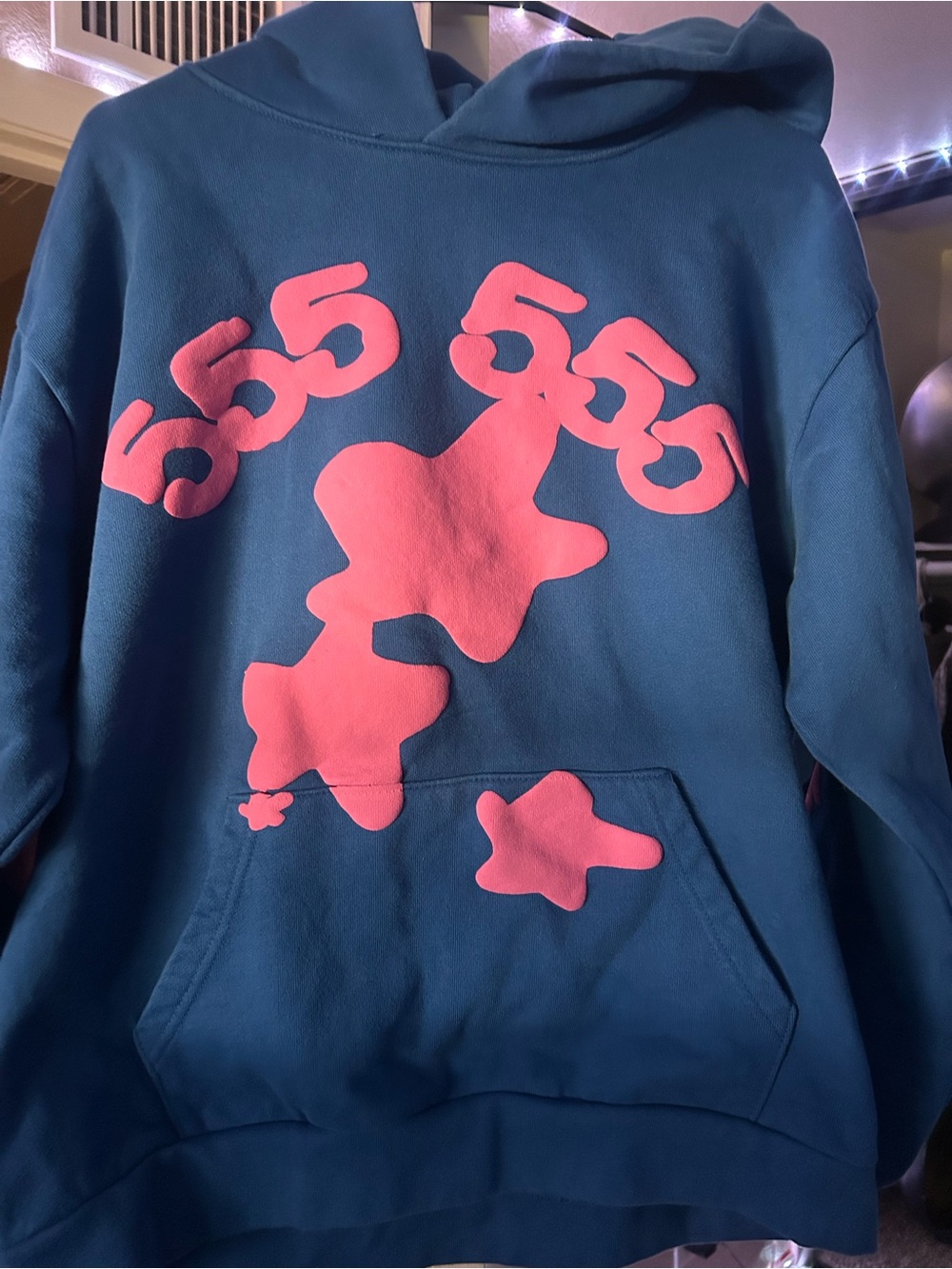 Blue Pullover Hoodie with Pink Graphic Stars